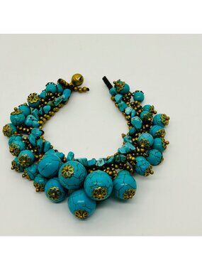 Chunky Turquoise Colored Multi Strand  Woven Cluster Gold Tone Toggle Vintage